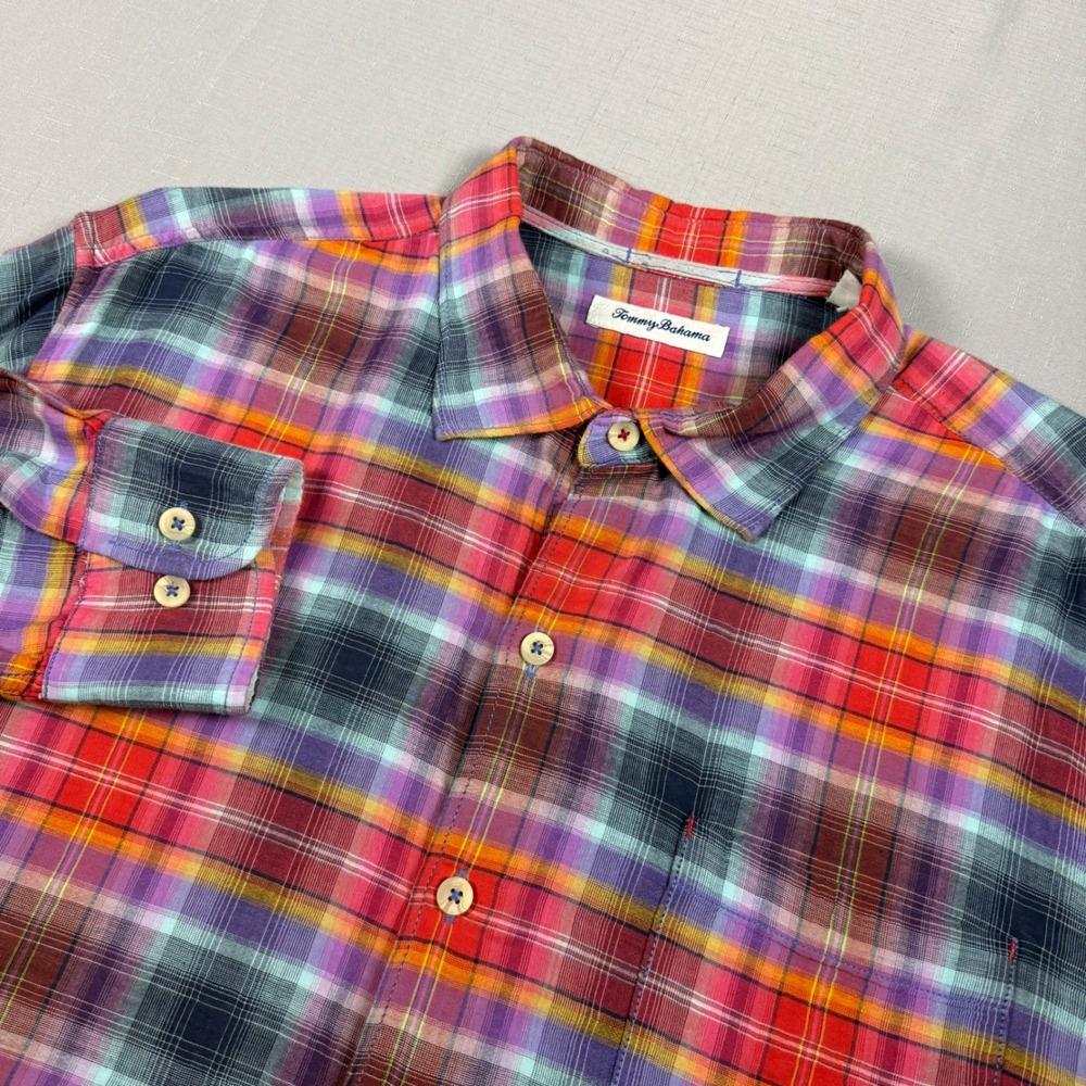 Tommy Bahama Mens 3XL Plaid Button Down Shirt Multi Color Long Sleeve Cotton